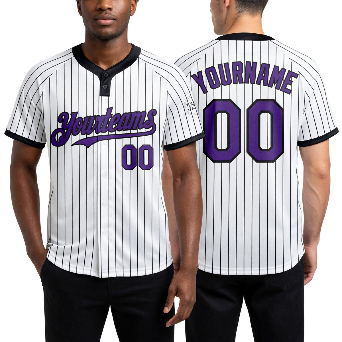 Custom White Black Pinstripe Purple Two-Button Unisex Softball Jersey worn front and back