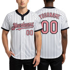 Custom White Black Pinstripe Medium Pink Two-Button Unisex Softball Jersey worn front and back