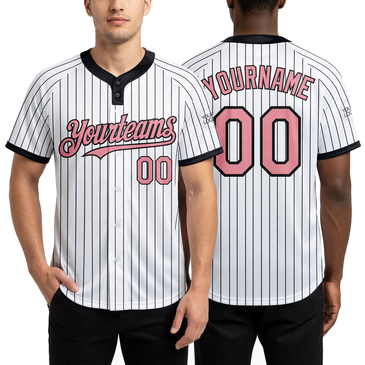 Custom White Black Pinstripe Medium Pink Two-Button Unisex Softball Jersey worn front and back