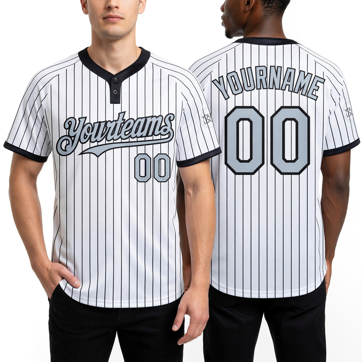 Custom White Black Pinstripe Silver-Black Two-Button Unisex Softball Jersey worn front and back