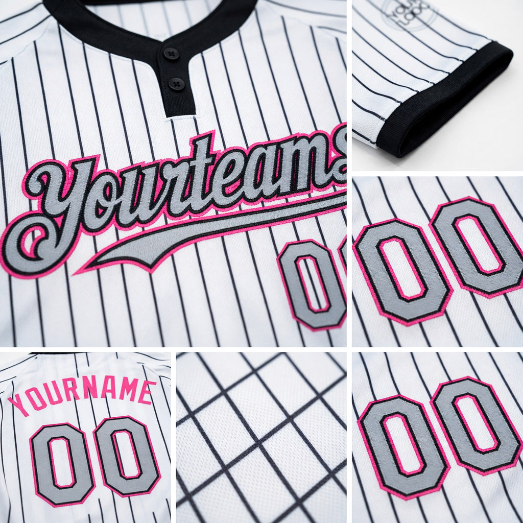Custom White Black Pinstripe Gray-Pink Two-Button Unisex Softball Jersey detail
