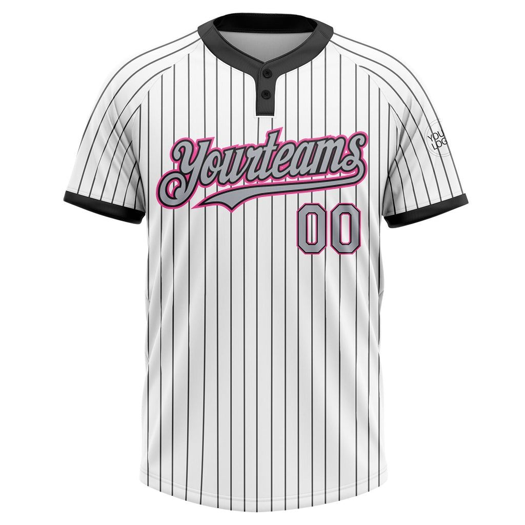Custom White Black Pinstripe Gray-Pink Two-Button Unisex Softball Jersey photo 1