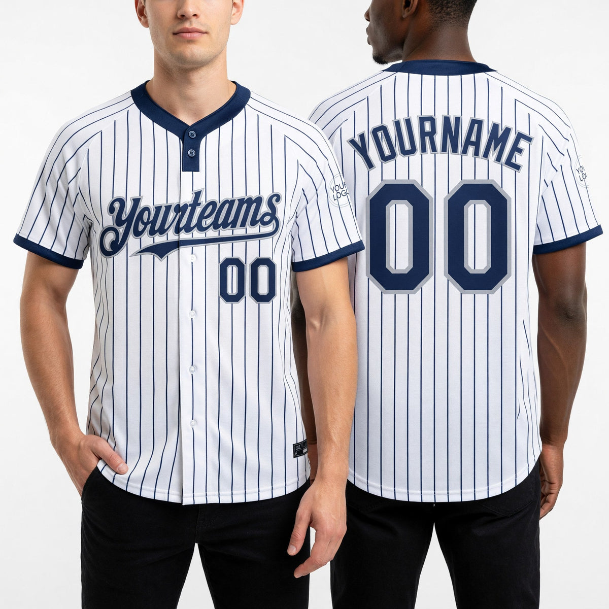 Custom White Navy Pinstripe Gray Two-Button Unisex Softball Jersey worn front and back