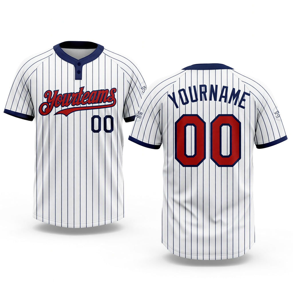 Custom White Navy Pinstripe Red Two-Button Unisex Softball Jersey