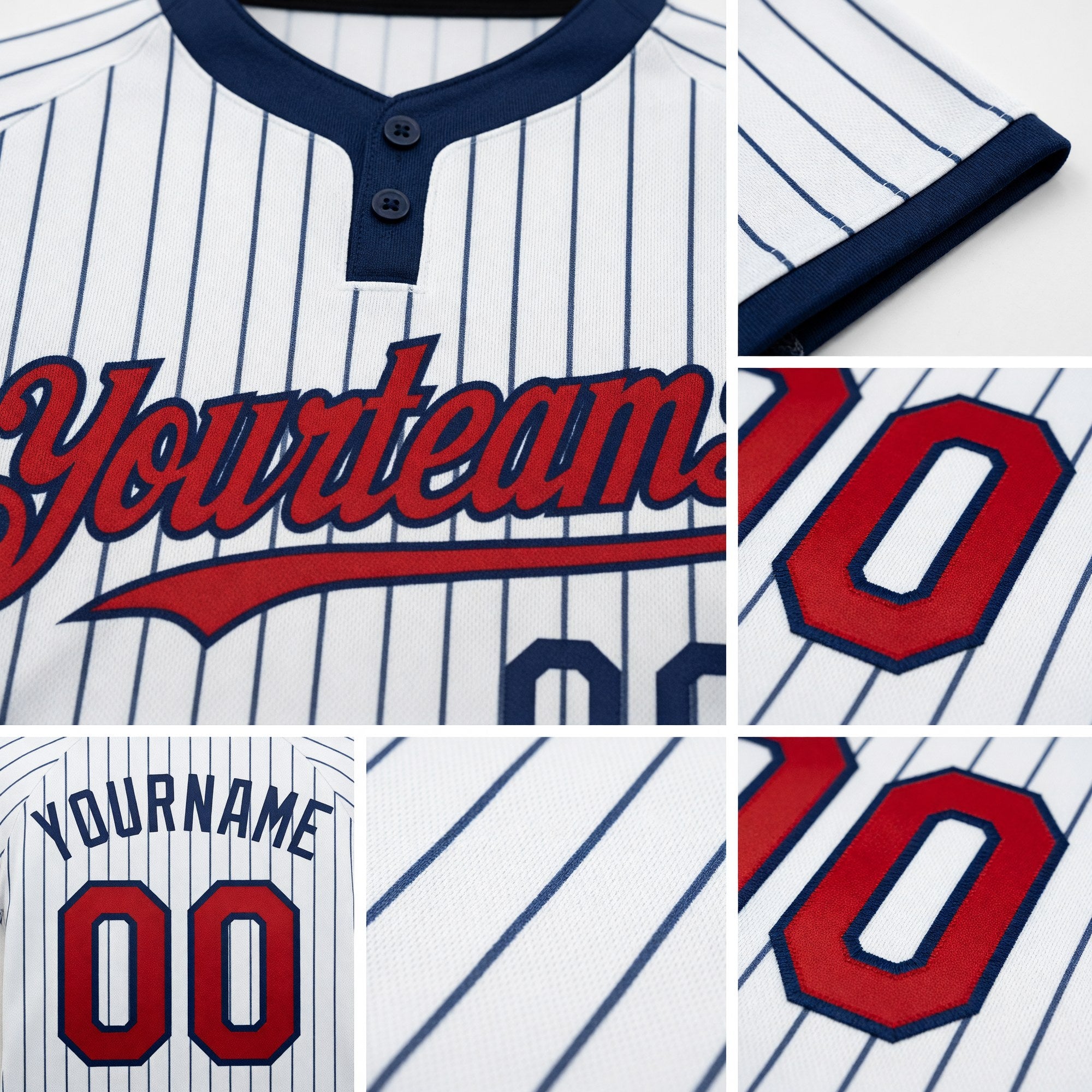 Custom White Navy Pinstripe Red Two-Button Unisex Softball Jersey detail