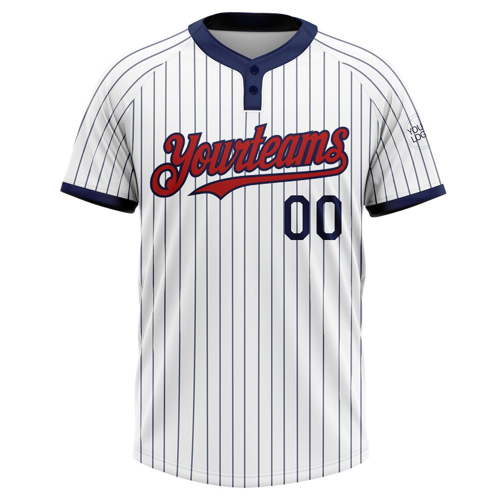 Custom White Navy Pinstripe Red Two-Button Unisex Softball Jersey photo 1