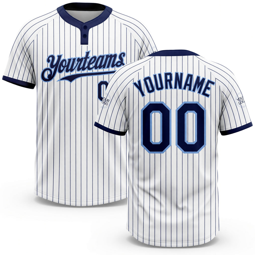 Custom White Navy Pinstripe Light Blue Two-Button Unisex Softball Jersey