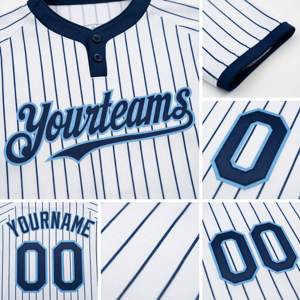 Custom White Navy Pinstripe Light Blue Two-Button Unisex Softball Jersey detail