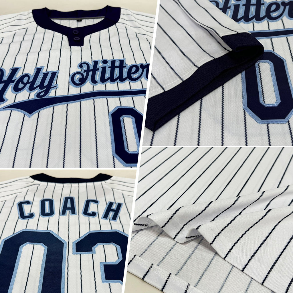 Custom White Navy Pinstripe Light Blue Two-Button Unisex Softball Jersey photo 1