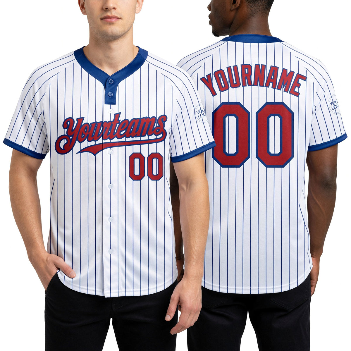 Custom White Royal Pinstripe Red Two-Button Unisex Softball Jersey worn front and back
