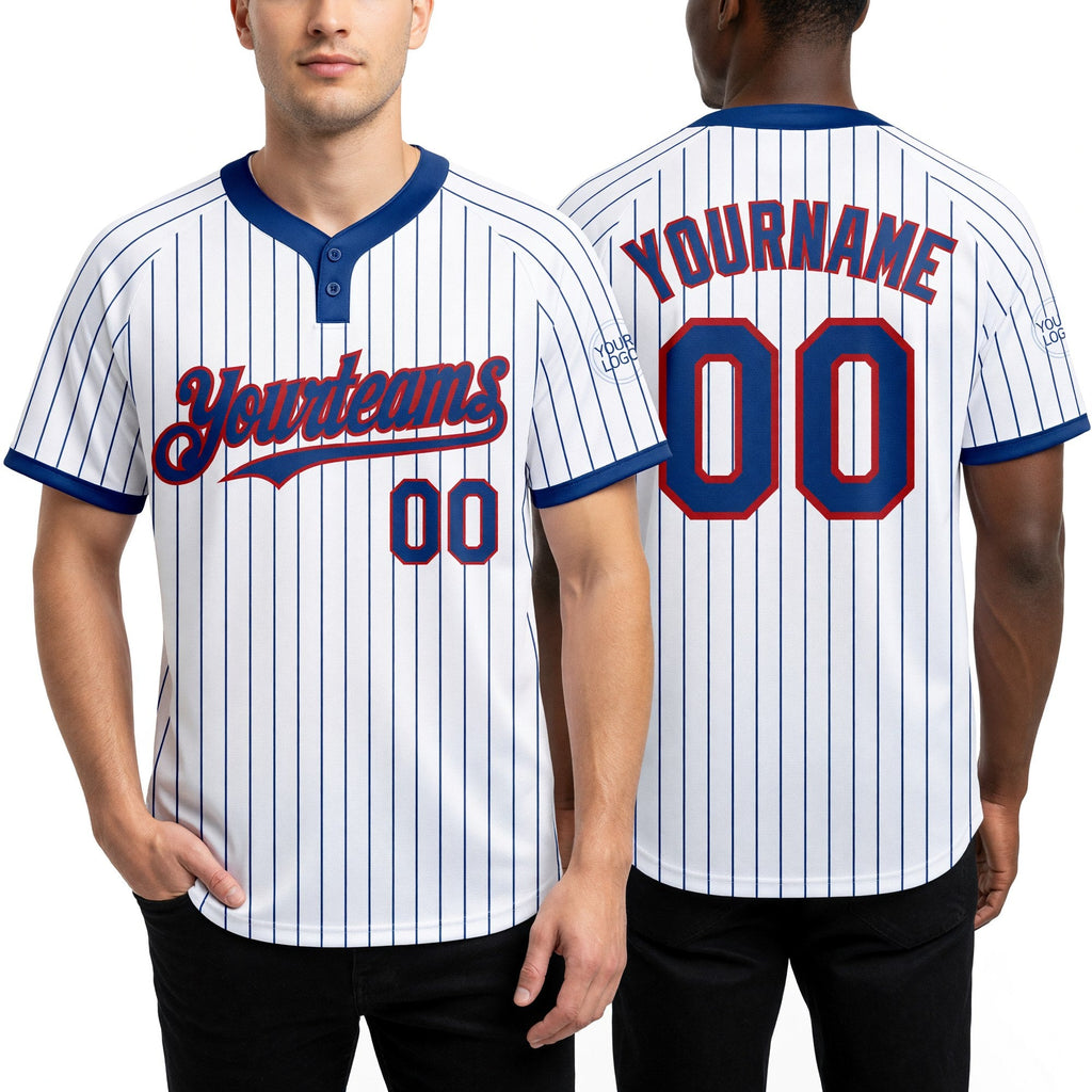 Custom White Royal Pinstripe Red Two-Button Unisex Softball Jersey worn front and back