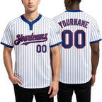 Custom White Royal Pinstripe Red Two-Button Unisex Softball Jersey worn front and back