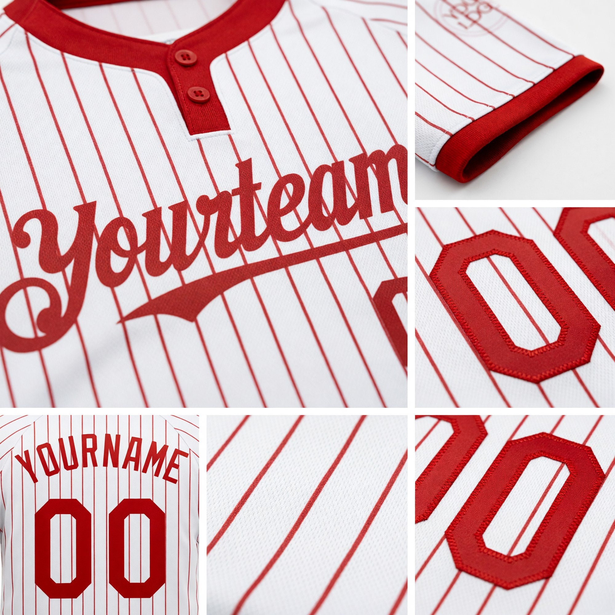 Custom White Red Pinstripe Red Two-Button Unisex Softball Jersey detail