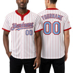 Custom White Red Pinstripe Light Blue Two-Button Unisex Softball Jersey worn front and back