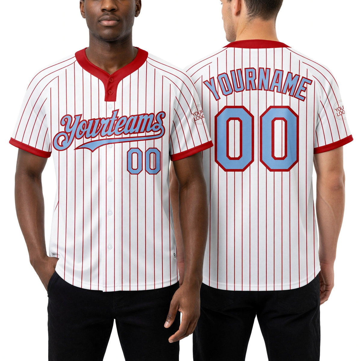 Custom White Red Pinstripe Light Blue Two-Button Unisex Softball Jersey worn front and back