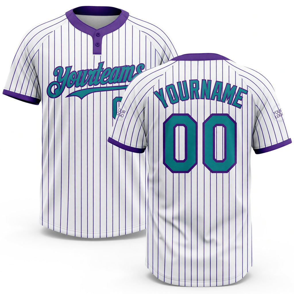 Custom White Purple Pinstripe Teal Two-Button Unisex Softball Jersey