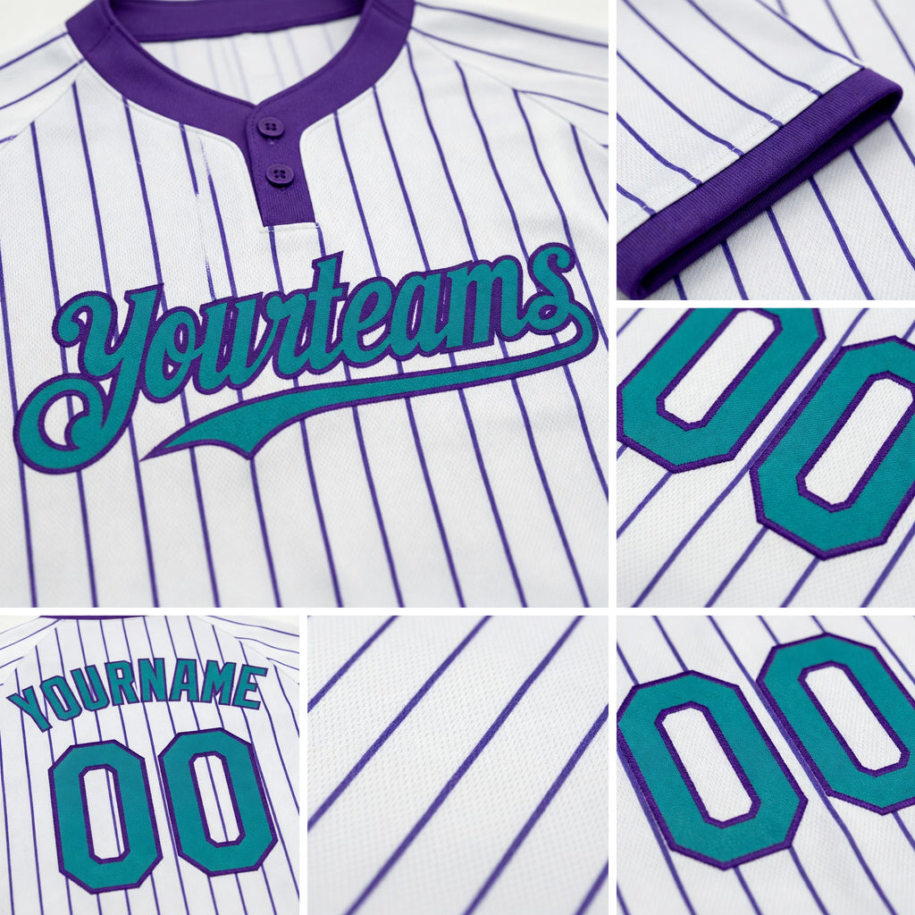 Custom White Purple Pinstripe Teal Two-Button Unisex Softball Jersey detail