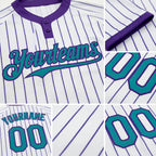 Custom White Purple Pinstripe Teal Two-Button Unisex Softball Jersey detail