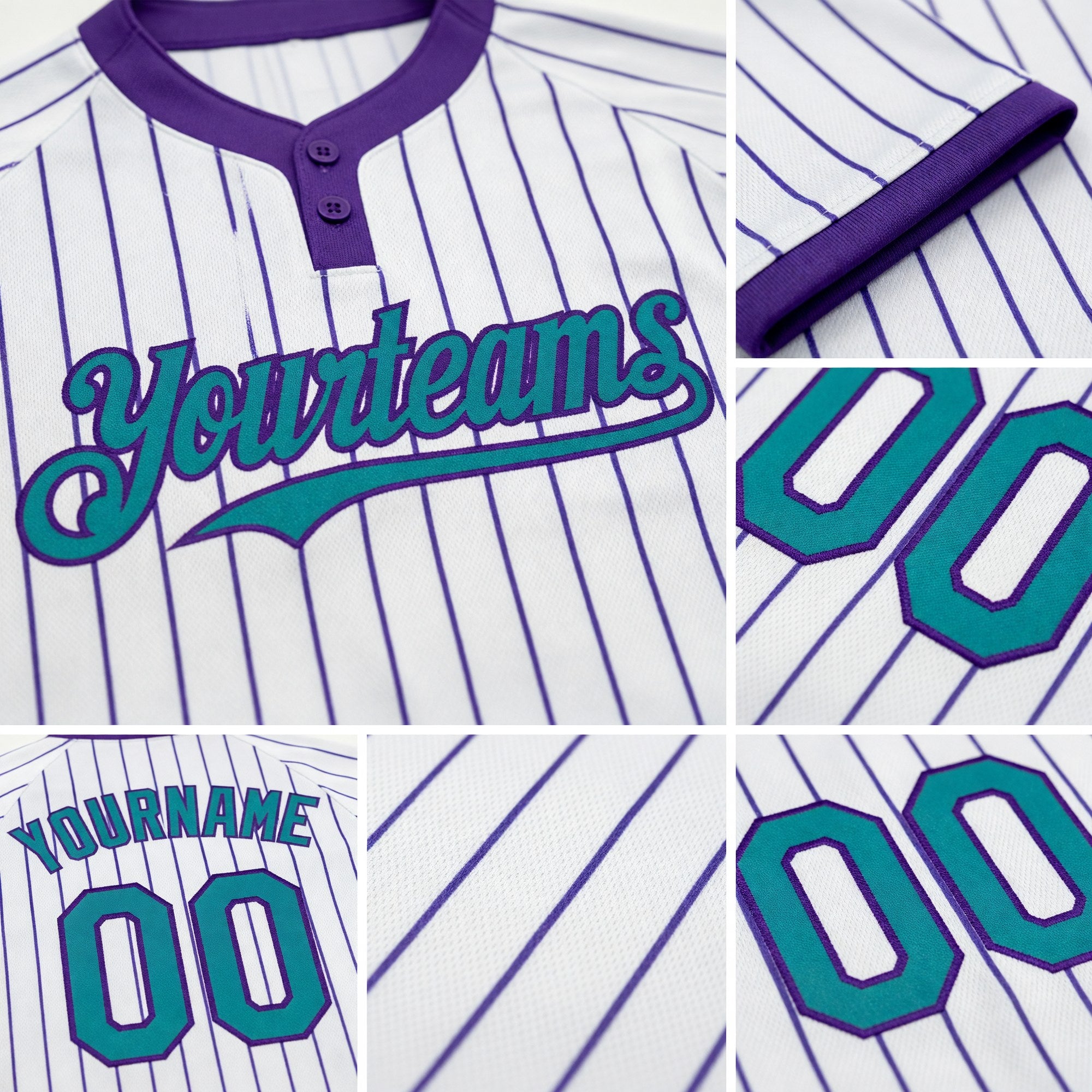 Custom White Purple Pinstripe Teal Two-Button Unisex Softball Jersey detail