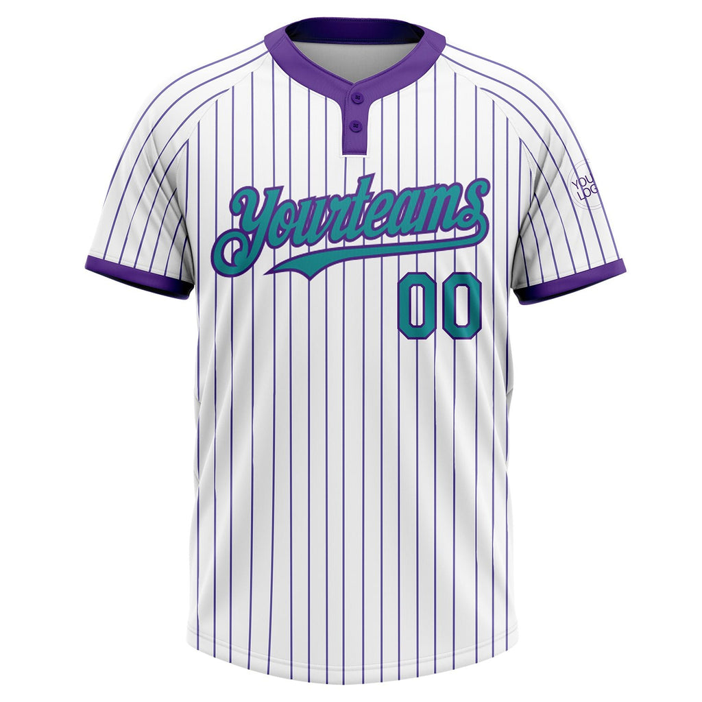 Custom White Purple Pinstripe Teal Two-Button Unisex Softball Jersey photo 1