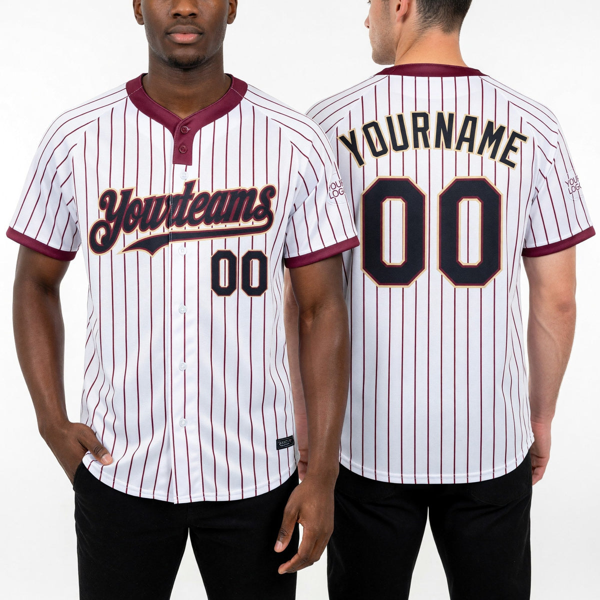 Custom White Crimosn Pinstripe Black-Cream Two-Button Unisex Softball Jersey worn front and back