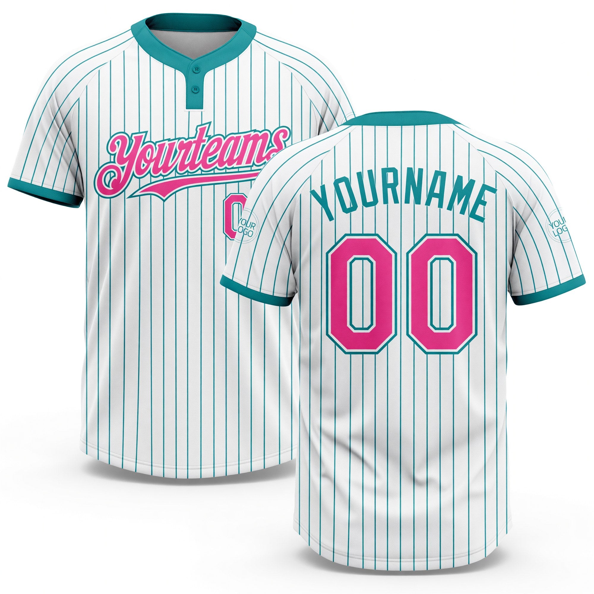 Custom White Teal Pinstripe Pink Two-Button Unisex Softball Jersey