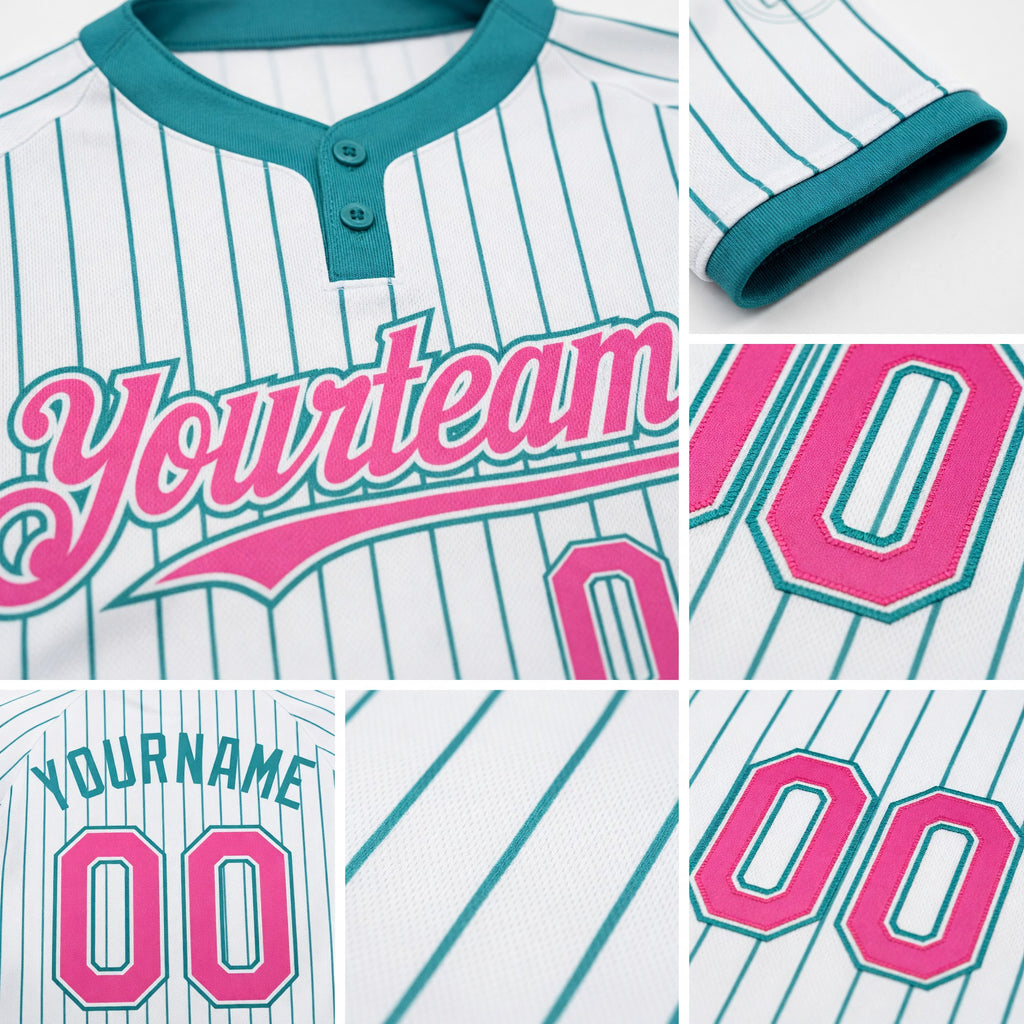 Custom White Teal Pinstripe Pink Two-Button Unisex Softball Jersey detail