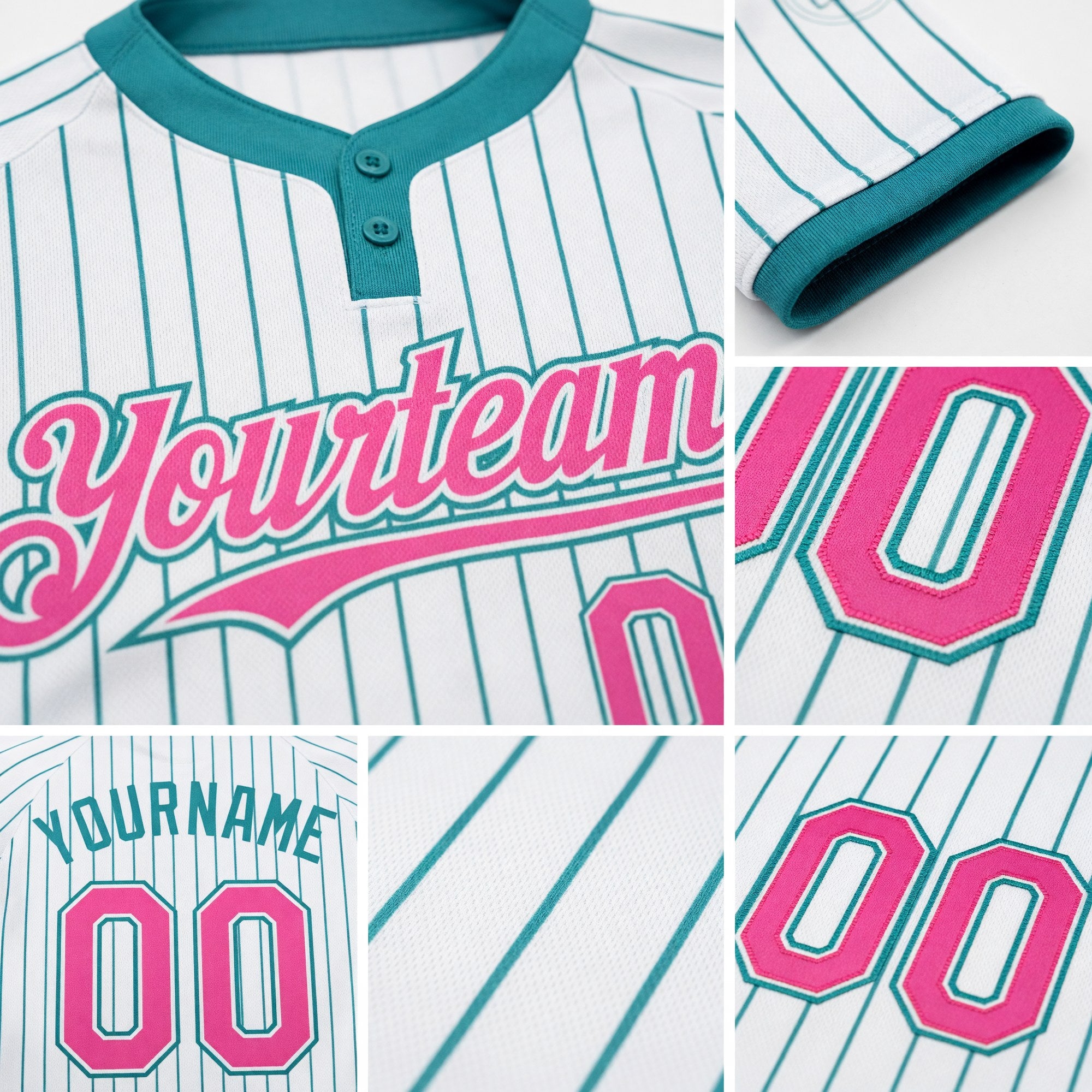 Custom White Teal Pinstripe Pink Two-Button Unisex Softball Jersey detail