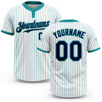 Custom White Teal Pinstripe Navy Two-Button Unisex Softball Jersey