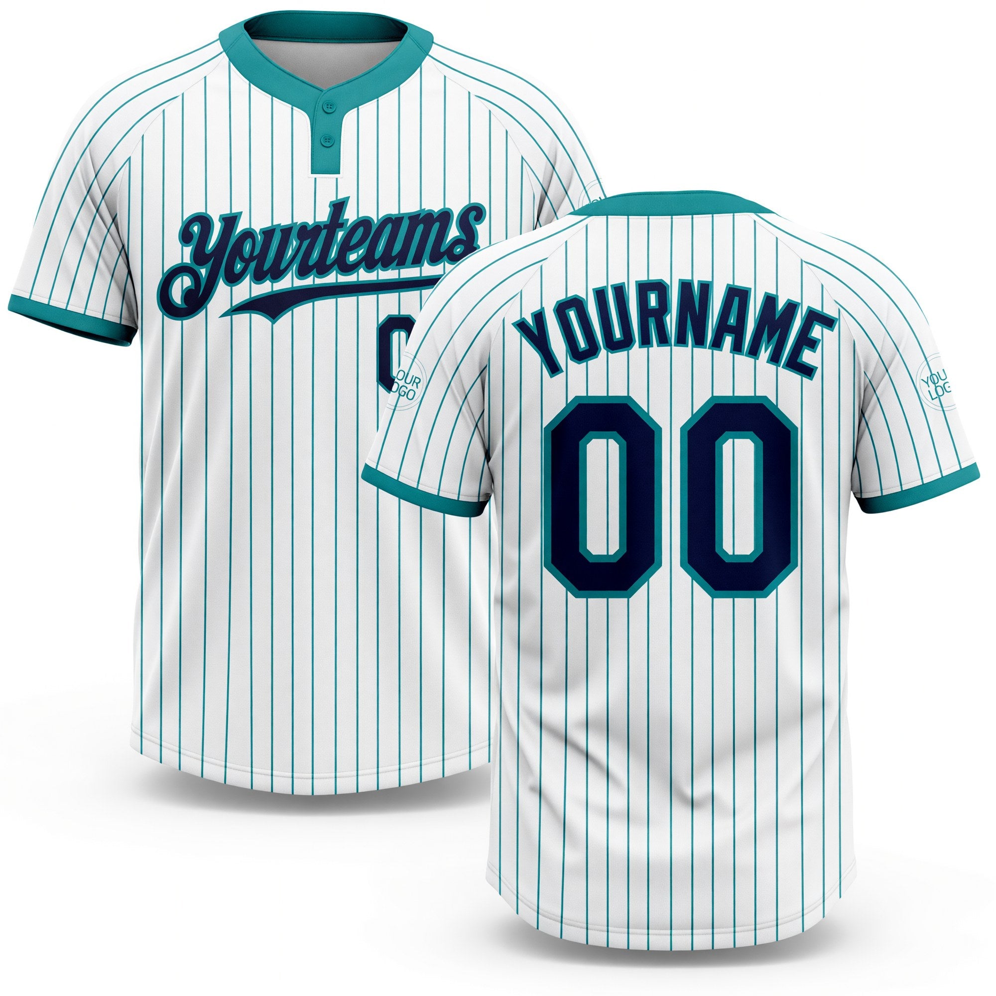 Custom White Teal Pinstripe Navy Two-Button Unisex Softball Jersey