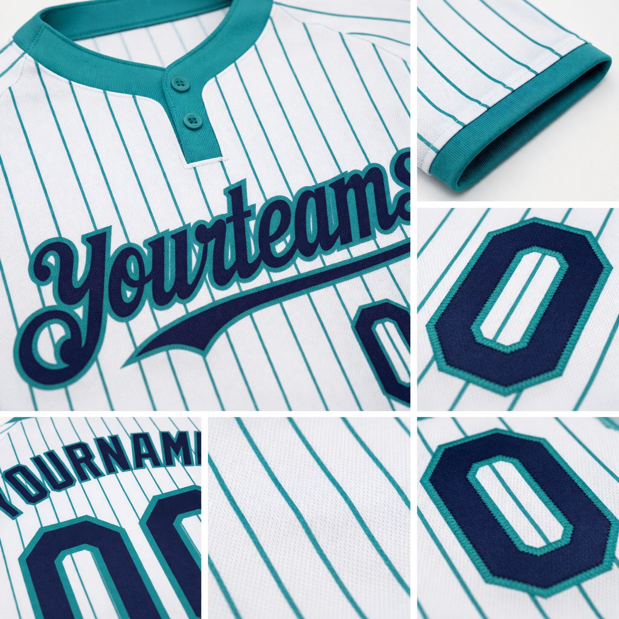 Custom White Teal Pinstripe Navy Two-Button Unisex Softball Jersey detail