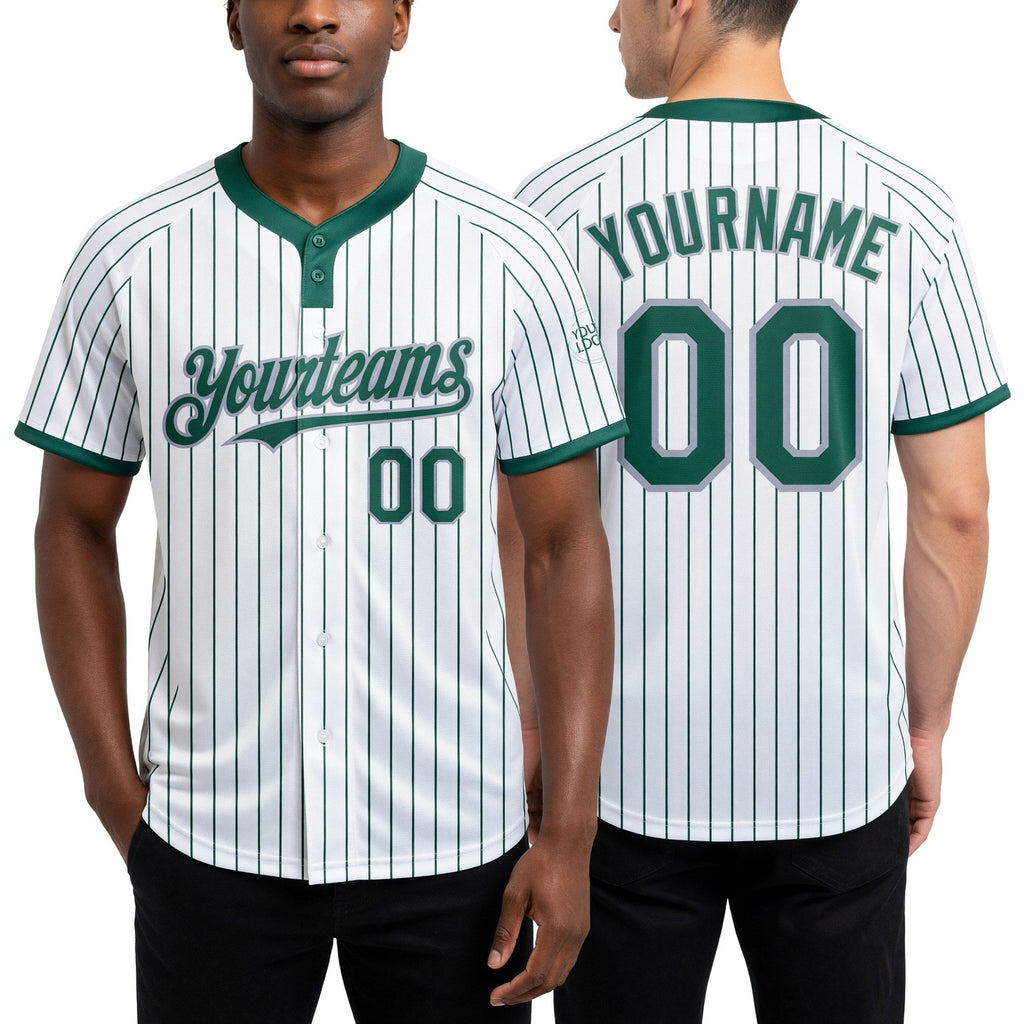 Custom White Kelly Green Pinstripe Gray Two-Button Unisex Softball Jersey worn front and back