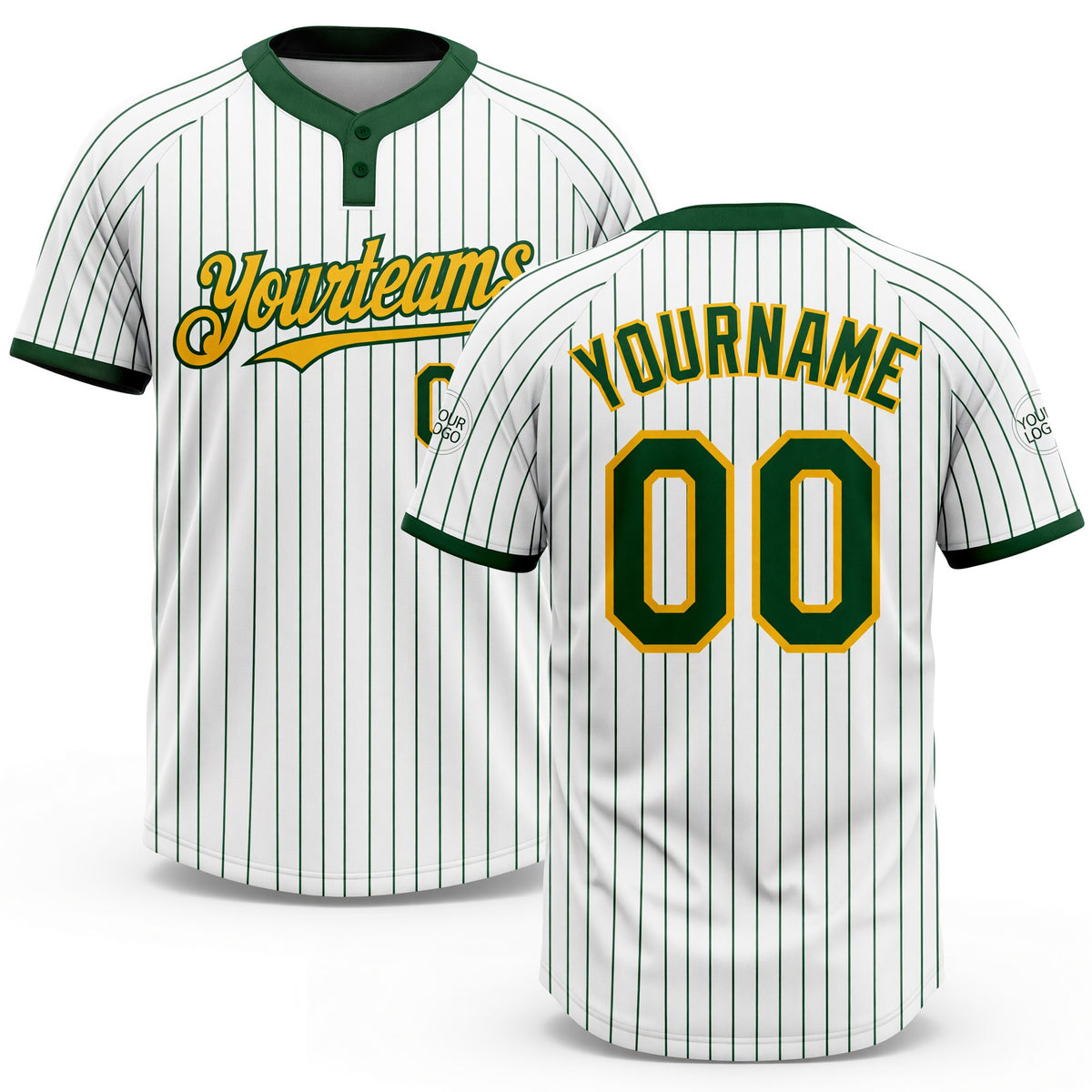 Custom White Green Pinstripe Gold Two-Button Unisex Softball Jersey