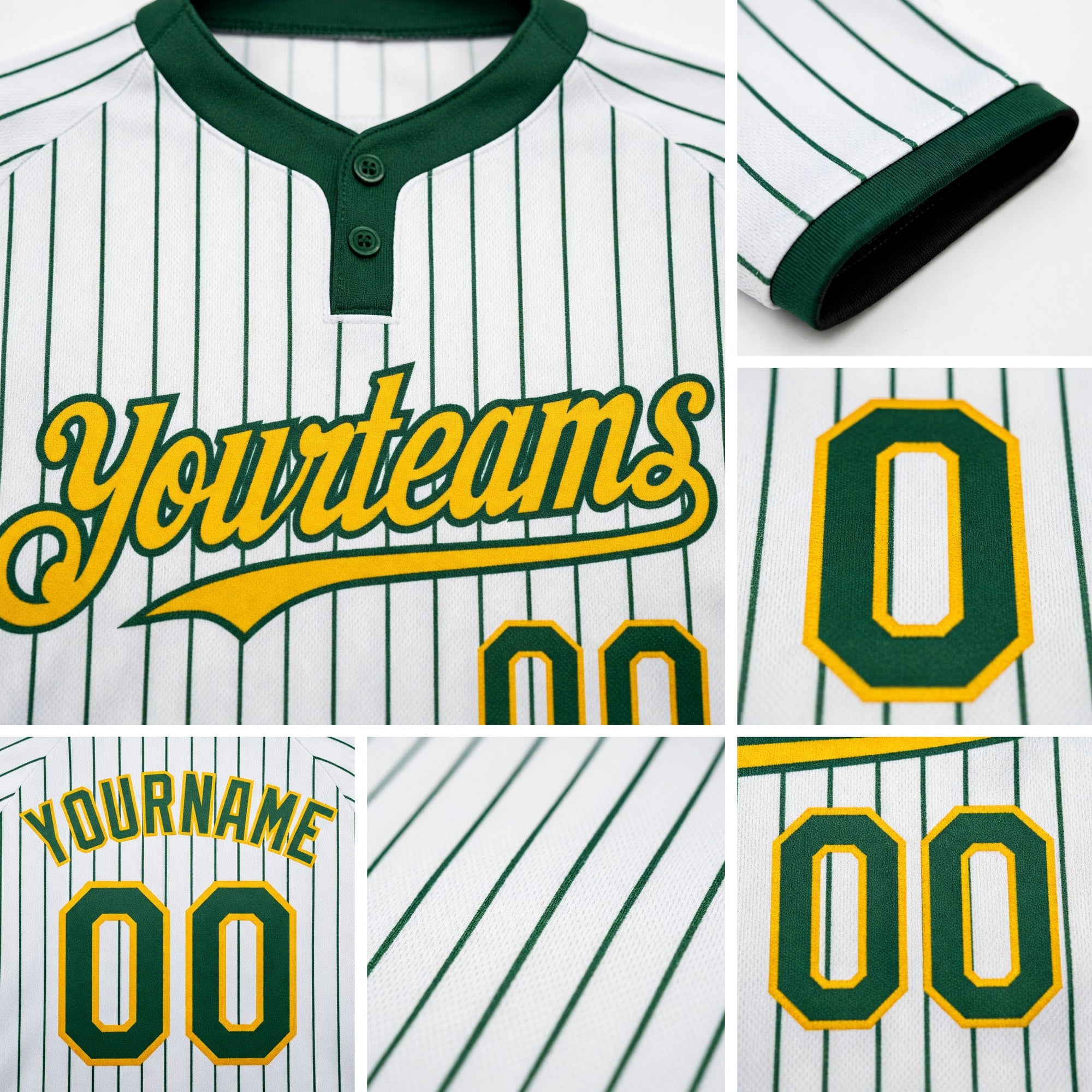 Custom White Green Pinstripe Gold Two-Button Unisex Softball Jersey detail