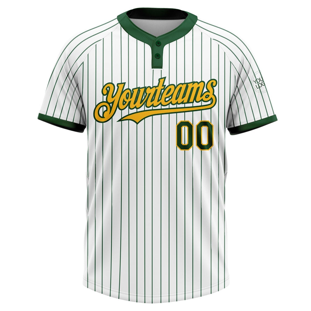 Custom White Green Pinstripe Gold Two-Button Unisex Softball Jersey photo 1