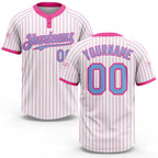 Custom White Pink Pinstripe Light Blue Two-Button Unisex Softball Jersey