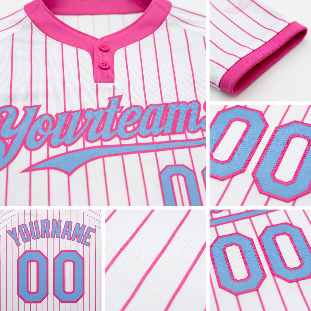 Custom White Pink Pinstripe Light Blue Two-Button Unisex Softball Jersey detail