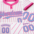 Custom White Pink Pinstripe Light Blue Two-Button Unisex Softball Jersey detail