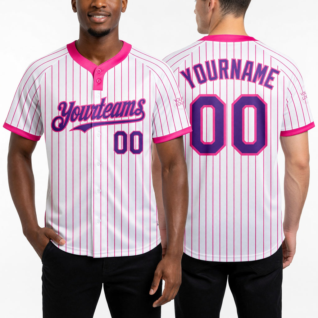 Custom White Pink Pinstripe Purple Two-Button Unisex Softball Jersey worn front and back