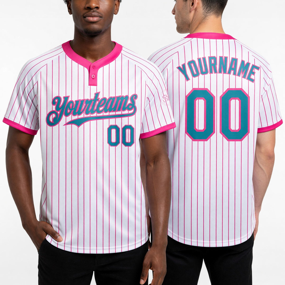 Custom White Pink Pinstripe Teal Two-Button Unisex Softball Jersey worn front and back