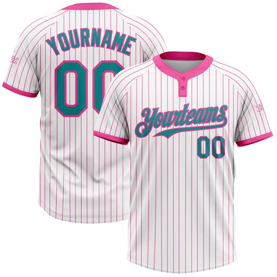 Custom White Two Button Pinstripe Softball Jersey with Pink Lettering Design 0854