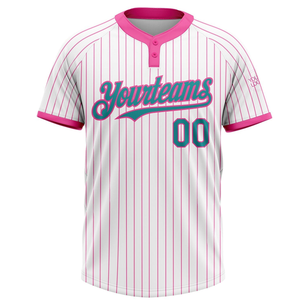 Custom White Pink Pinstripe Teal Two-Button Unisex Softball Jersey photo 2