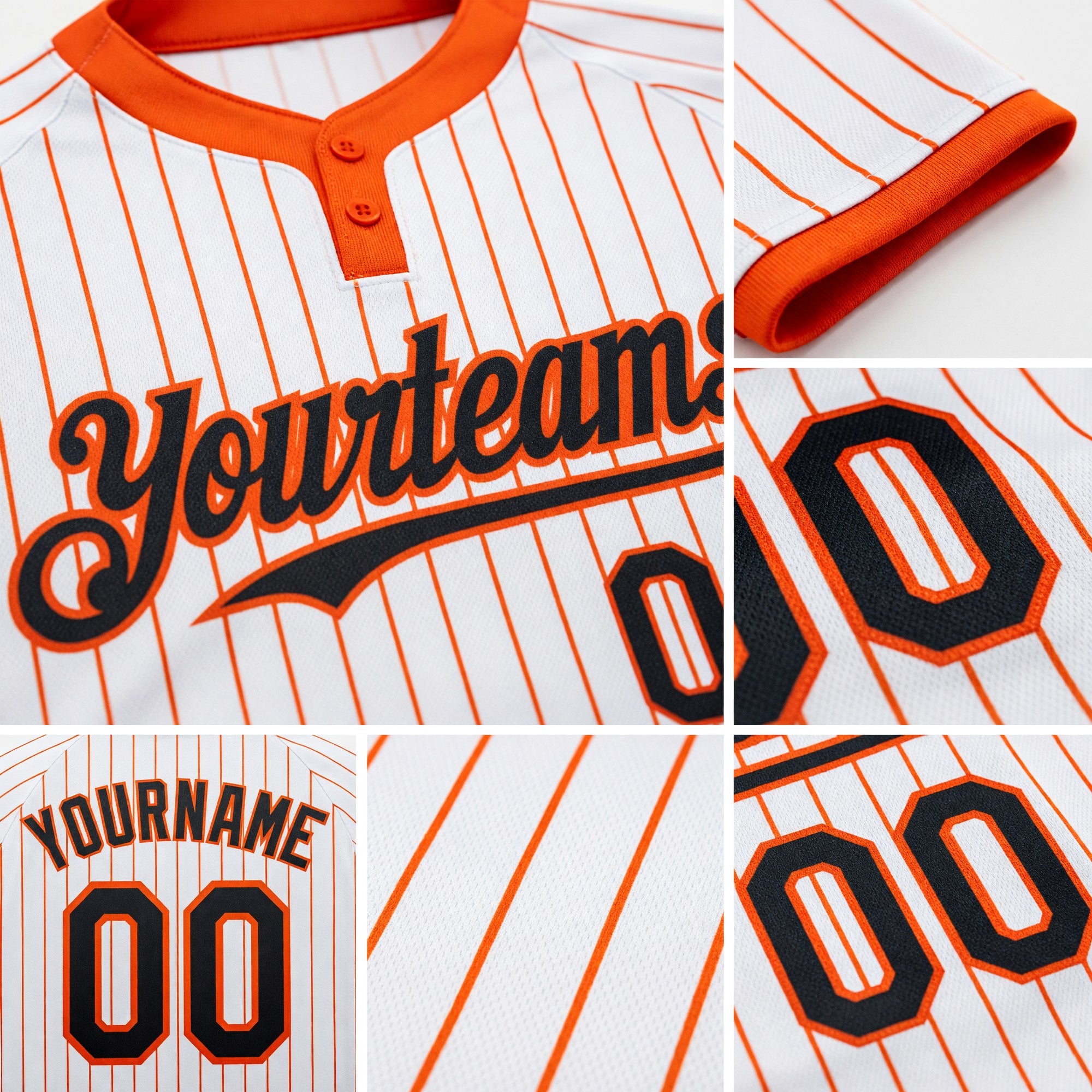 Custom White Orange Pinstripe Black Two-Button Unisex Softball Jersey detail