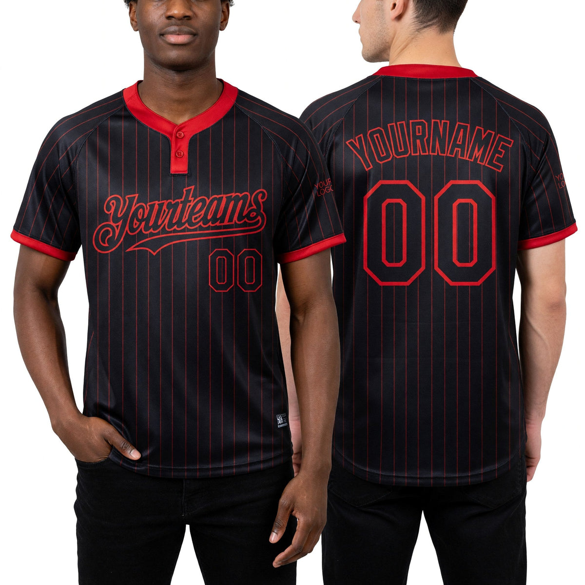 Custom Black Red Pinstripe Red Two-Button Unisex Softball Jersey worn front and back