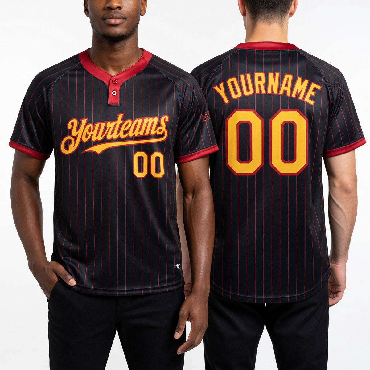 Custom Black Red Pinstripe Gold Two-Button Unisex Softball Jersey worn front and back