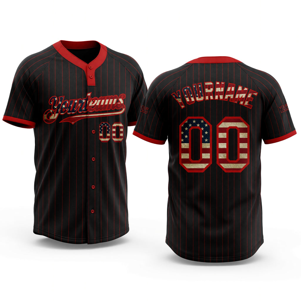 Custom Black Red Pinstripe Vintage USA Flag Two-Button Unisex Softball Jersey