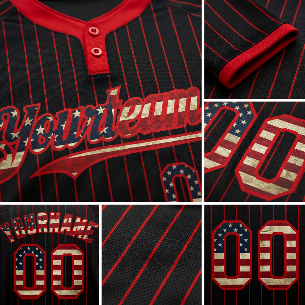 Custom Black Red Pinstripe Vintage USA Flag Two-Button Unisex Softball Jersey detail