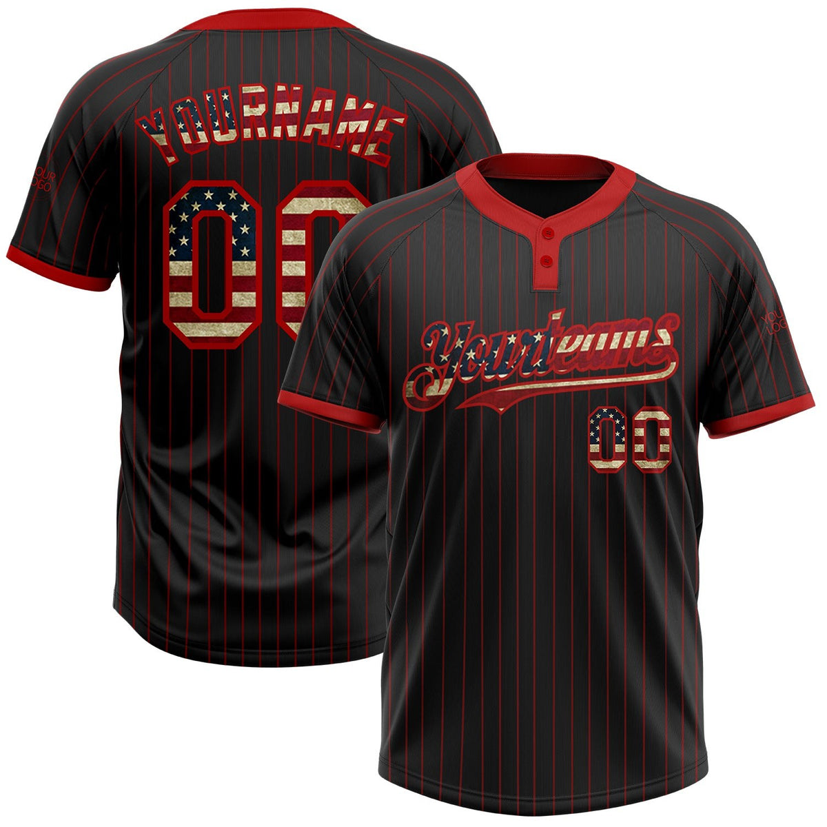Custom Black Red Pinstripe Vintage USA Flag Two-Button Unisex Softball Jersey photo 1