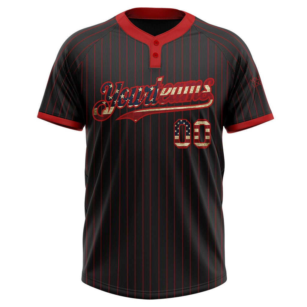 Custom Black Red Pinstripe Vintage USA Flag Two-Button Unisex Softball Jersey photo 2