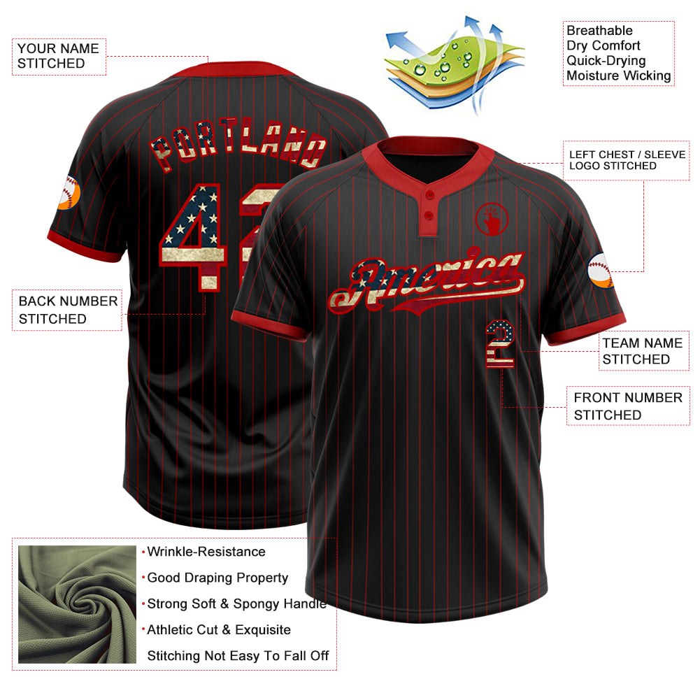 Custom Black Red Pinstripe Vintage USA Flag Two-Button Unisex Softball Jersey photo 3